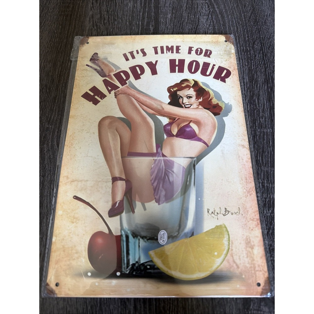 ERLOOD Happy Hour Pin Up Girl Metal Tin Sign Retro Bar Wall Decor Ralph Burch